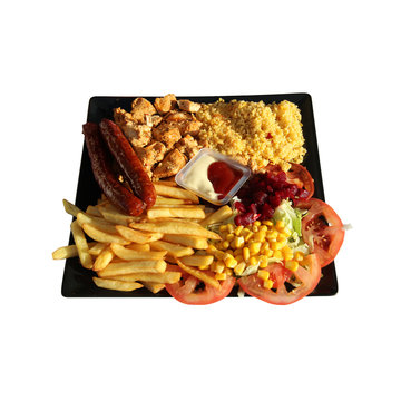 assiette kebab merguez poulet crudit&eacute;s frites