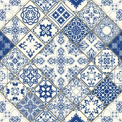 Behang Portugese tegeltjes Set tegels achtergrond voor behang. Achtergronden, decoratie voor uw ontwerp, keramiek, web. Vectortegelpatroon, het bloemenmozaïek van Lissabon, Mediterraan naadloos blauw ornament