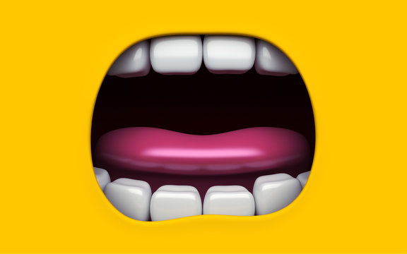 Mouth of character on a yellow background. Mimicry face of a cartoon little man. 3d render.