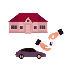 Male hands giving and taking a key, car and house, home, property purchase, rent, sale concept, cartoon vector illustration on white background. Male hands giving and taking key for house or car