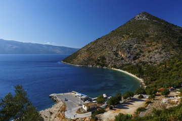 Pisaetos port on Ithaca island and Kefalonia island in the background.
