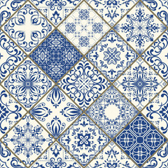 Traditional ornate portuguese decorative tiles azulejos. Vintage pattern. Abstract background. Vector hand drawn illustration