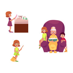 vector flat grandparents and children set. boy, girl kids listening to grandmother reading book, sitting at chair, girls wash dishes at sink, sweep floor. Isolated illustration on a white background.