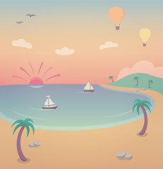 Fototapeta na wymiar Tropical Island Paradise Sunset - illustration with a tropical island, palm trees, beach and boats sailing on the calm ocean.