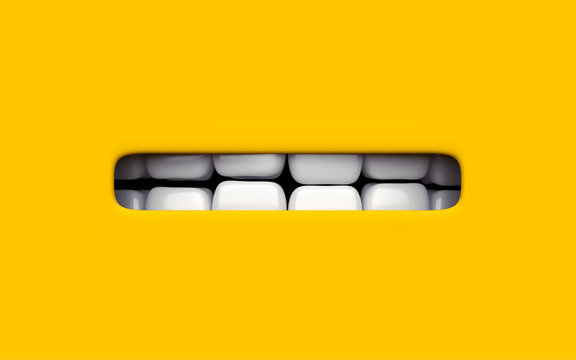 Mouth of character on a yellow background. Mimicry face of a cartoon little man. 3d render.
