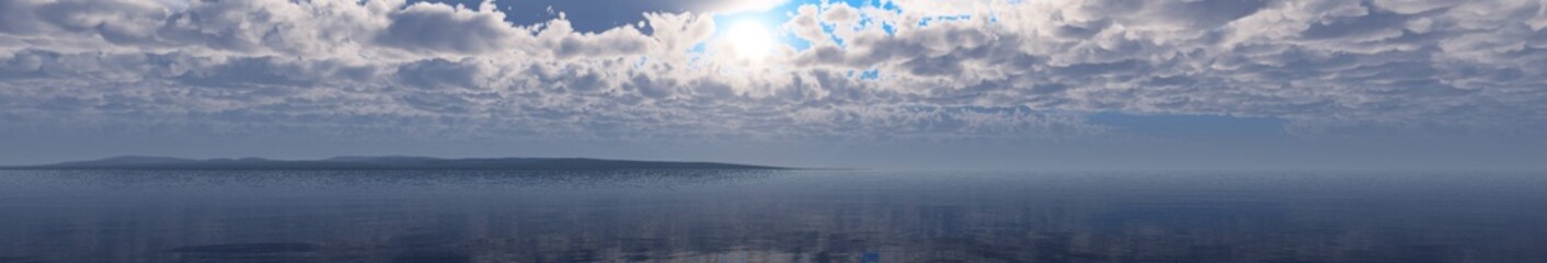Panorama of sunset at sea, ocean sunrise, sun in clouds over water, banner, 3D rendering

