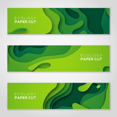 Horizontal banners set, green paper cut shapes.