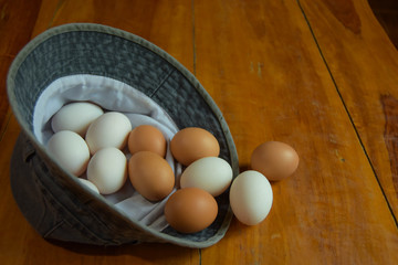 Many eggs are placed in cloth caps. Put on the table
