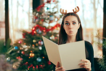 Woman  Reading Menu the at Restaurant Christmas Dinner Party