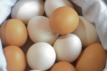 Many eggs are placed in cloth caps. Put on the table
