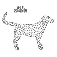 Dog. Boho style. Hand drawn dog with abstract patterns on isolation background. Design for spiritual relaxation for adults. Black and white illustration for coloring. Design Zentangle. Zen art