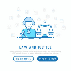 Judge with a hammer and scales. Law and justice concept with thin line icons. Vector illustration for template of web page.