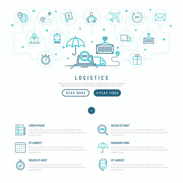 Logistics web page template with thin line icons of delivery, box, airplane, train, marine, crane, globe with pointer. Vector illustration.