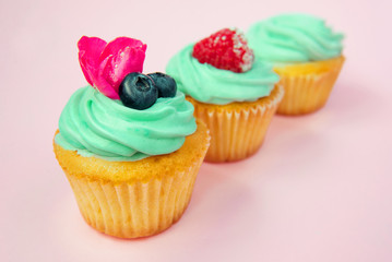 Cupcakes with butter cream and vanilla with blueberry and raspberry with pink flowers on pink background