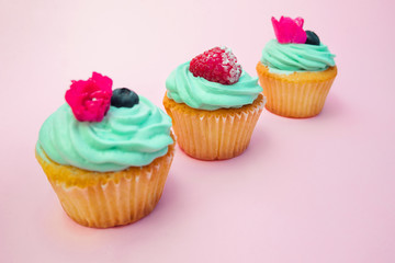 Cupcakes with butter cream and vanilla with blueberry and raspberry with pink flowers on pink background
