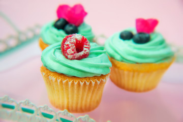 Cupcakes with butter cream and vanilla with blueberry and raspberry with pink flowers on pink background