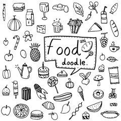vector illustration set of food and drink, fruits and vegetables doodle drawn in black outline on white background
