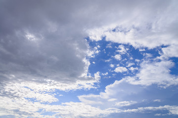 Blue sky with close up white fluffy tiny clouds background and pattern