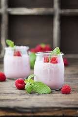 Homemade yogurt with raspberry and mint