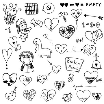 Broken heart and love heart doodle vector set