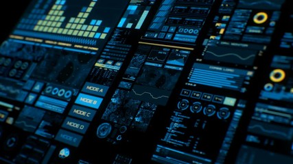 Perspective view of colorful futuristic interface/Digital screen/Detailed abstract background. Blinking and switching indicators of command center computer,processing data, AI. - Powered by Adobe