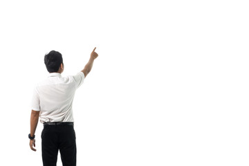 Portrait of a businessman pointed the finger to right side. Isolated on white background with copy space