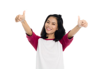 Beautiful asian woman is showing thumb up, portrait studio on white background