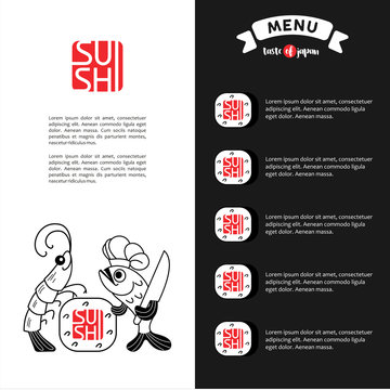 Logo shrimp sushi. Menu template for restaurant of Japanese cuisine.