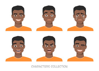 Set of emotions and gestures to the young black african american man.