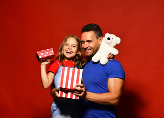 Father and child with excited faces. Dad and daughter