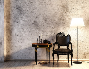Rustikale Sitzecke vor Betonwand mit Lederstuhl (schwarz)
