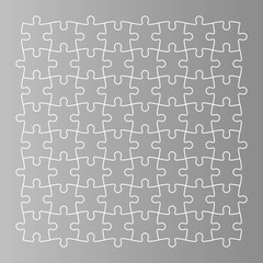 Fototapeta na wymiar Jigsaw puzzle background. Mosaic of grey puzzle pieces with white outline in linear arrangement. Simple flat vector illustration.