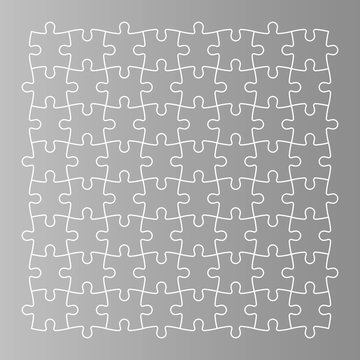 Jigsaw puzzle background. Mosaic of grey puzzle pieces with white outline in linear arrangement. Simple flat vector illustration.