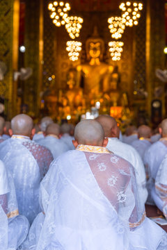 Group Ordain Monk Or Buddhist Priest Ordination Ceremony In Thailand