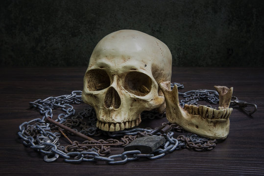 Human skull attached to rusty chains on the wooden plank in Halloween night at the old jail. Still Life photography.