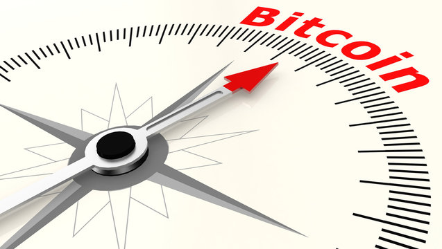 Compass with arrow pointing to the word Bitcoin