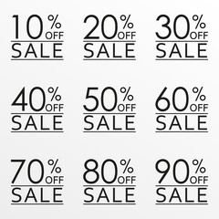 Sale and discount set. Price off 10,20,30,40,50,60,70,80,90 percent. Vector illustration.