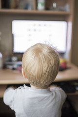 A small child is sitting at the computer in the defocus, rear view