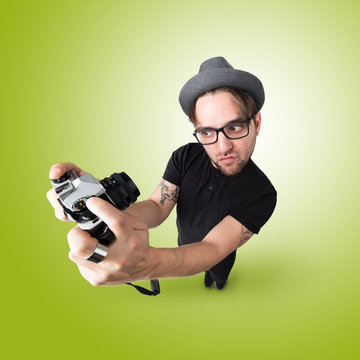Funny Man with hat and photocamera selfie laugh looks like caricature
