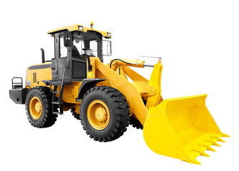 Modern yellow loader bulldozer excavator construction machinery equipment isolated on white...