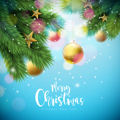 Vector Merry Christmas Illustration with Ornamental Balls and Pine Branch on Shiny Blue Background. Happy New Year Typography Design for Greeting Card, Poster, Banner.
