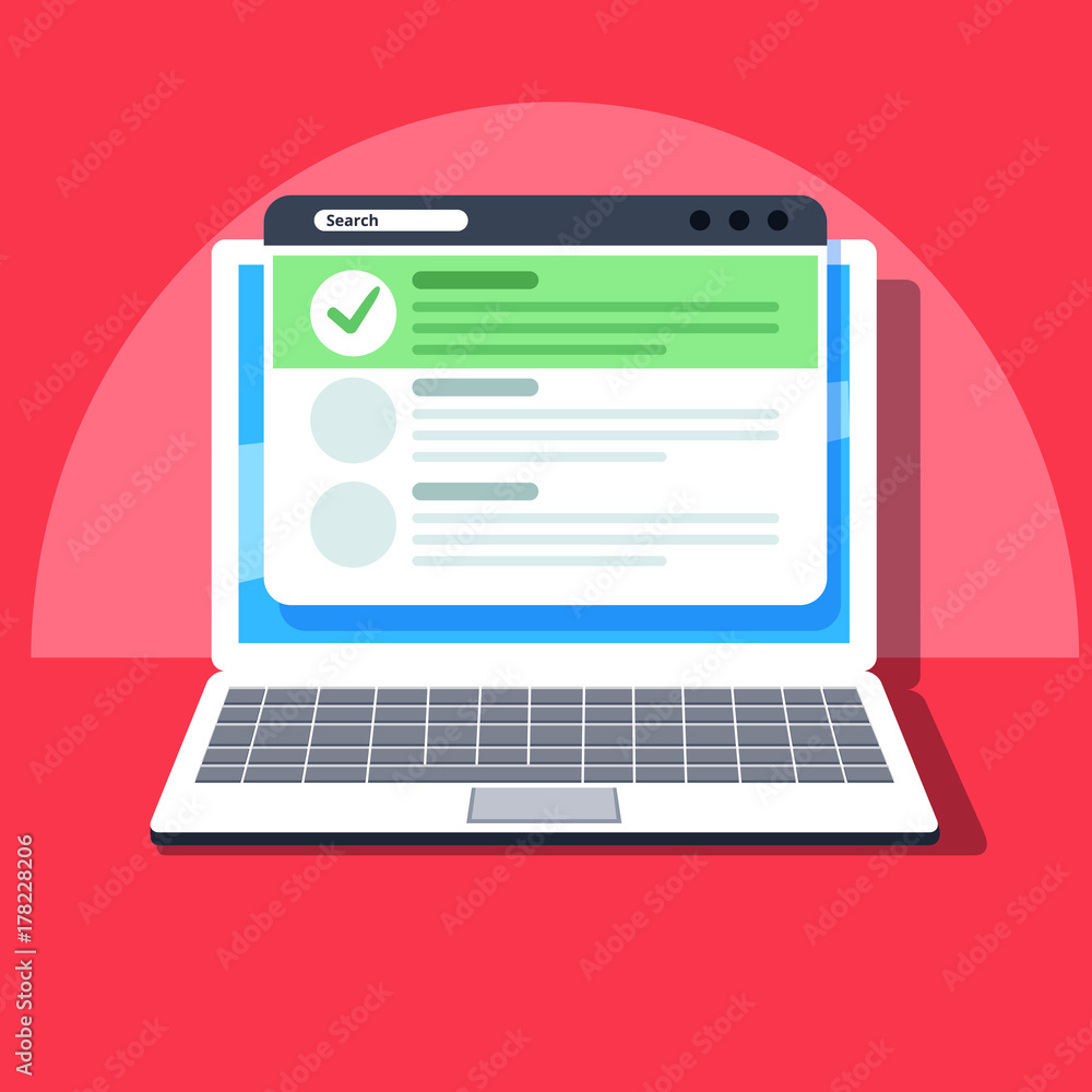Poster seo optimization illustration concept, browser window and ranking sites in search results of web sea