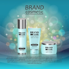 3D realistic cosmetic bottle ads template. Cosmetic brand advertising concept design with glitters and bokeh background