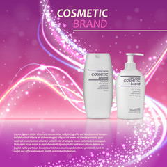 3D realistic cosmetic bottle ads template. Cosmetic brand advertising concept design with glitters and bokeh background