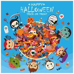 Vintage Halloween poster design with vector witch, ghost, vampire, mummy, reaper, zombie, wolf man, skeleton characters. 