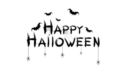 Happy halloween. Black text banner on a white background. Spiders, bats and spiderweb. Vector
