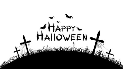 Fototapeta na wymiar Happy halloween. Black text banner on a white background. Cemetery with crosses. Spiders, bats and spiderweb. Grunge text. Vector
