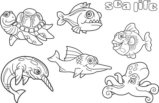 set of cartoon funny images sea life
