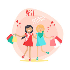 Happy Girls with Shopping Bags. Friends Forever