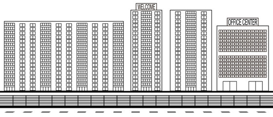 Sketch of the city landscape. Residential, road, fence, multi-storey houses, high office building. For construction, housing, real estate market, architectural design. Vector Eps10.